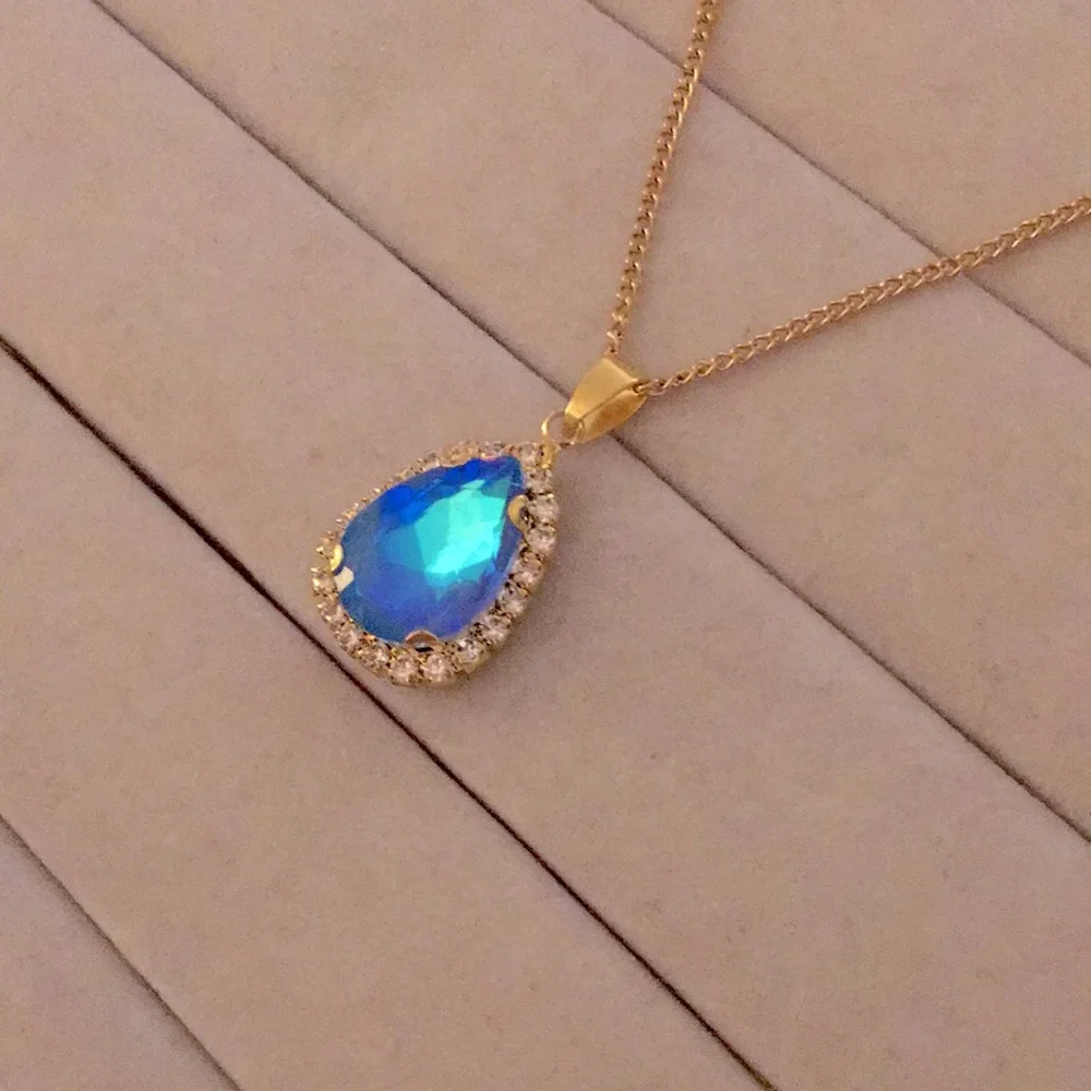 Sapphire Aurora Borealis + Gold Crystal Halo Drop Pendant Necklace - Picture 2 of 7